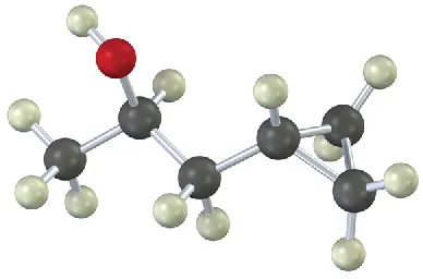 A ball and stick model of a cyclopropane that is further linked to a three-carbon chain. Carbon, hydrogen, and oxygen are denoted using gray, white, and red spheres, respectively.