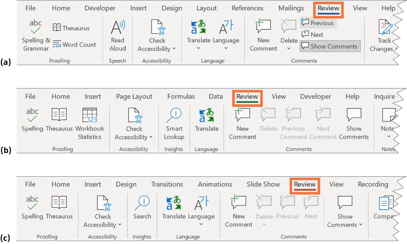 (a) Word Review tab displays Proofing, Speech, Accessibility, Language, Comments. (b) Excel Review tab displays Proofing, Accessibility, Insights, Language, Comments. (c) PowerPoint Review tab displays Proofing, Accessibility, Language, Comments.