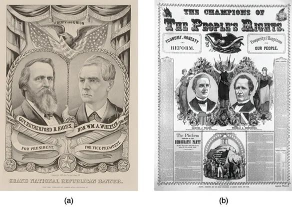 Two campaign posters are shown. Poster (a) contains illustrations of Rutherford B. Hayes and William A. Wheeler, labeled “Gov. Rutherford B. Hayes/For President” and “Hon. W.M.A. Wheeler/For Vice President.” Above them, an eagle bears a flag and the label “Liberty and Union.” Poster (b) is headed “The Champions of the People’s Rights. Economy, Honesty, and Reform. Prosperity & Happiness for Our People.” Below, two illustrations are labeled “Samuel J. Tilden/Democratic Candidate for President” and “Thomas A. Hendricks/Democratic Candidate for Vice-President.” The candidates’ portraits are surrounded by illustrations of three gowned women, the third bearing an American flag, and lush greenery.