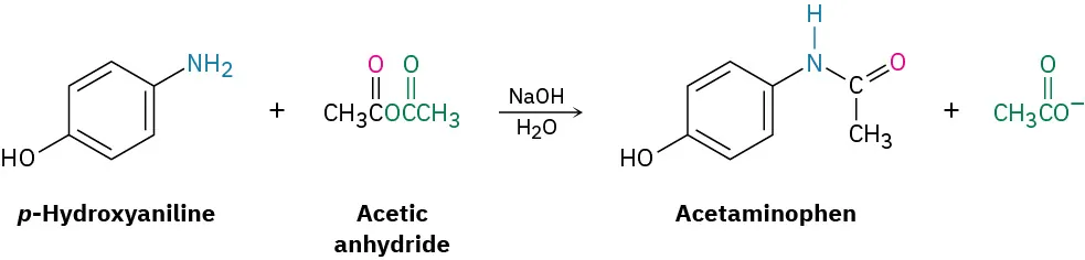 The reaction of p-hydroxyaniline and acetic anhydride in the presence of aqueous sodium hydroxide forms an acetate ion and acetaminophen, where the para position of phenol is attached to an acetamide group.