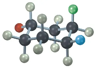 The ball and stick model of cyclohexane. C1 is axially bonded to a green sphere. C2 and C5 are equatorially bonded to a blue sphere and a red sphere, respectively.