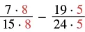 A math problem displaying the subtraction of two fractions, (7 * 8) / (15 * 8) and (19 * 5) / (24 * 5). Common factors 8 and 5 in the numerators and denominators are highlighted in red, suggesting simplification.