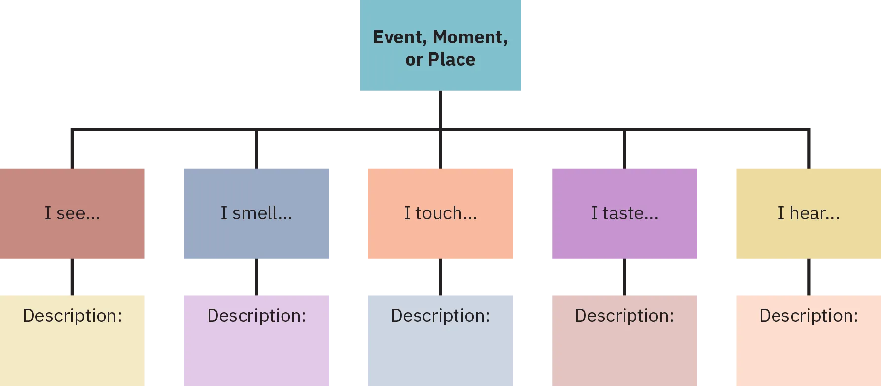 Use a graphic organizer to develop sensory details by completing the following sentence starters: I see, I smell, I touch, I taste, and I hear.