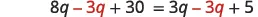 A mathematical equation is displayed, showing '8q - 3q + 30 = 3q - 3q + 5'. Some 'q' terms are in black, while others are in red.