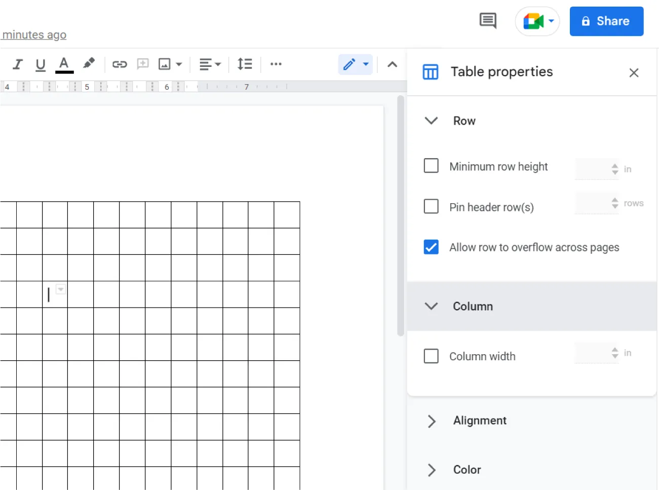A table is visible. A Table properties pane listing options: Row (Minimum row height, Pin header row(s), Allow row to overflow across page), Column (Column width), Alignment, and Color.