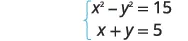 A system of two algebraic equations is shown. The first equation is x² - y² = 15, and the second equation is x + y = 5. Both equations are vertically aligned and enclosed by a curly brace on the left.