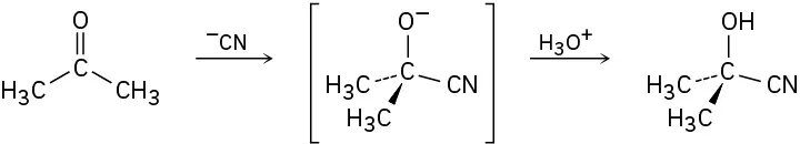 Acetone reacts with cyanide to form an intermediate. This reacts with hydronium ion to form a product in which carbon is linked to hydroxyl, cyano, wedged, and dashed methyl groups.