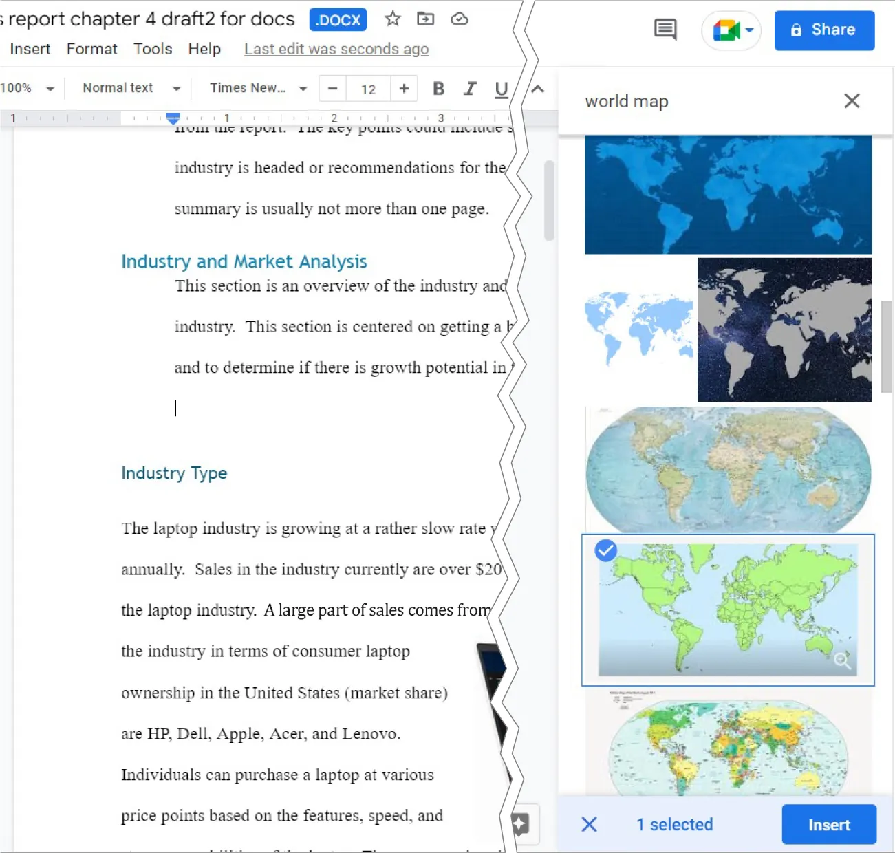 A document is visible on the left side. The words world map are typed into the Search Bar and images of world maps can be seen below with one selected.
