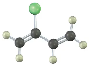 Ball-and-stick model of 2-chloro-1,3-butadiene. Carbon, hydrogen, and halogen are denoted using black, gray, and green spheres, respectively.