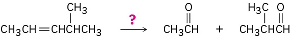 A reaction shows 3-methyl-2-pentene reacting with unknown reagent(s) to form acetaldehyde and a 3-carbon chain with double-bonded oxygen at C1 and methyl at C2.