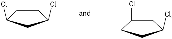 Two structures of cyclopentane each with  chlorine atoms at first and third carbons. The relative position of the chlorine atoms are cis in both structures.