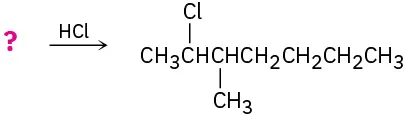 A reaction shows an unknown reactant reacting with HCl to form a product with a 7-carbon chain. C2 is bonded to chlorine atom. C3 is bonded to a methyl group.