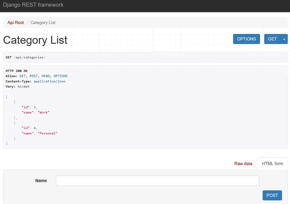 Screenshot of JSON format on Category List.
