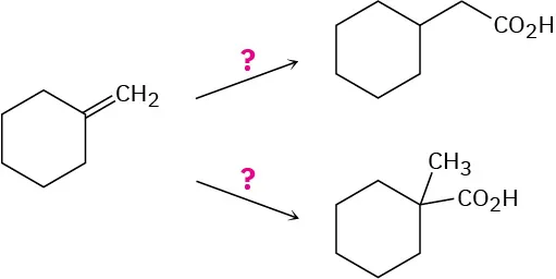 The conversion of methylenecyclohexane reacts with one set of unknown reagents to form 2-cyclohexylacetic acid, and with another set of unknown reagents to form 1-methylcyclohexanecarboxylic acid.