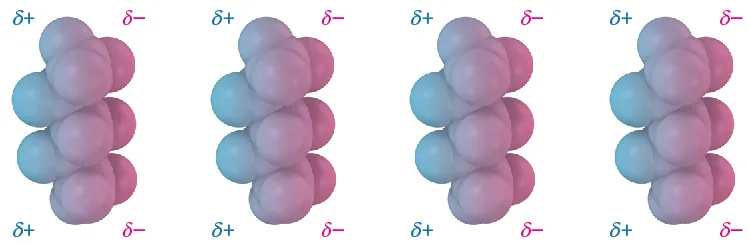 Space-filling models of four pentane molecules arranged vertically, each with partial positive charge (at top left and bottom left) and partial negative charge (at top right and bottom right).