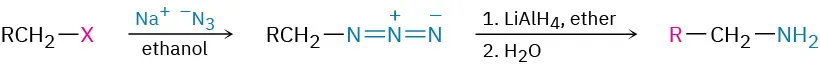An alkyl halide reacts with sodium azide and ethanol to form a compound that further reacts with lithium aluminum hydride in ether, then water to form an amine.