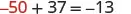 A mathematical equation displays -50 + 37 = -13, with the -50 term highlighted in a red font, making it stand out from the other numbers and symbols which are in a standard gray.