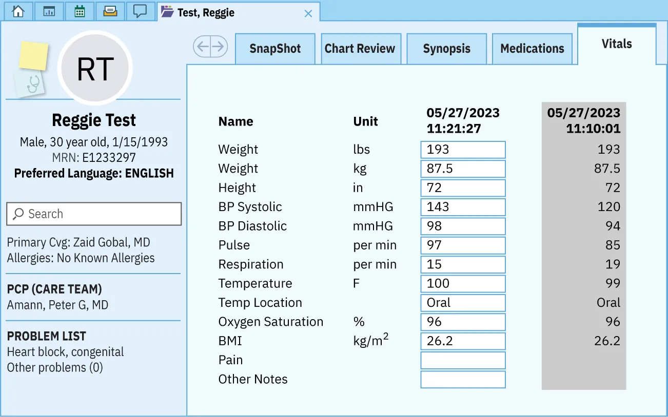 A color screenshot showing an electronic health record. The record includes the patient's name and vital signs such as pulse, respiration, temperature, oxygen saturation BMI, weight, and blood pressure.