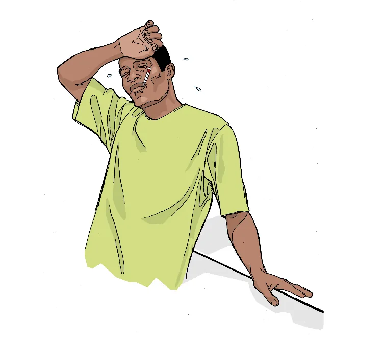 llustration of a person looking overheated, with thermometer in their mouth. A fever can help fight infection, an example of allostasis.