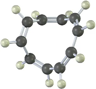 The ball-and-stick model of all-cis cyclodecapentaene has a 10-carbon ring with alternate double bonds.