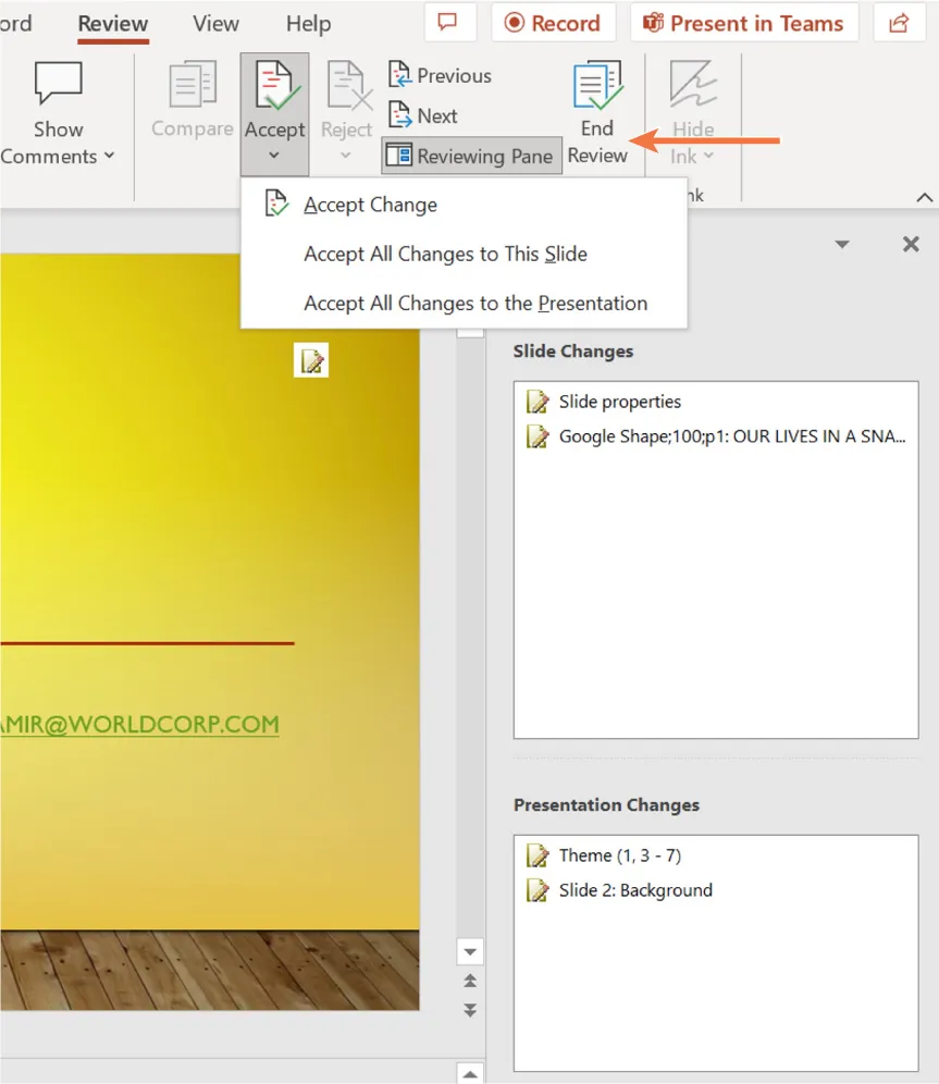 A screenshot of a partial view of a PowerPoint screen is shown with the Review tab selected. The Accept button has been clicked, showing different options.