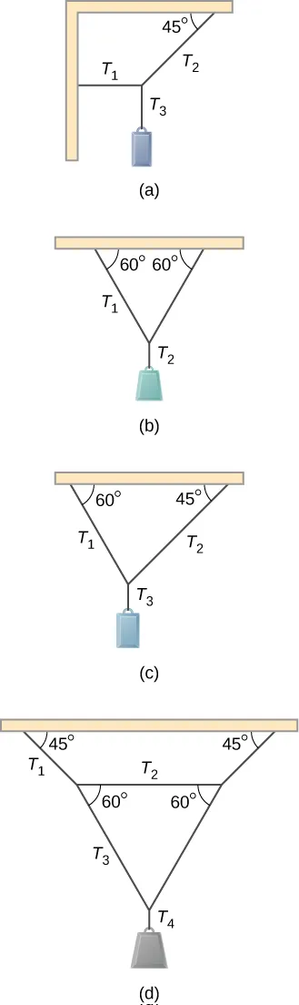 Rysunek A pokazuje mały ciężarek podtrzymywany przez nić T3, która jest przywiązana do nici T1 i T2. Nici T1 i T2 są połączone z dwiema belkami, które są połączone prostopadle. Nić T1 jest prostopadła do belki, do której jest przymocowana. Nić T2 tworzy kąt 45 stopni z belką, do której ją przymocowano. Rysunek B pokazuje mały ciężarek podtrzymywany przez nić T2, która jest przywiązana do dwóch identycznych nici T1. Nici T1 tworzą kąt 60 stopni z belką, do której są przymocowane. Na rysunku C widoczny jest mały ciężarek podtrzymywany przez nić T3, która jest przywiązana do nici T1 i T2. Nici T1 i T2 tworzą odpowiednio kąty 60 i 45 stopni z belką, do której są przymocowane. Rysunek D pokazuje mały ciężarek podtrzymywany przez nić T4, która jest przywiązaną do dwóch nici T3 tworzących kąt nachylenia wynoszący 60 stopni z nicią T2. Nić T2 jest połączona z belką za pomocą dwóch nici T1. Nici T1 tworzą kąt 45 stopni z belką.