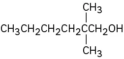 A six-carbon chain with hydroxyl on C 1, and two methyl on C 2 position.