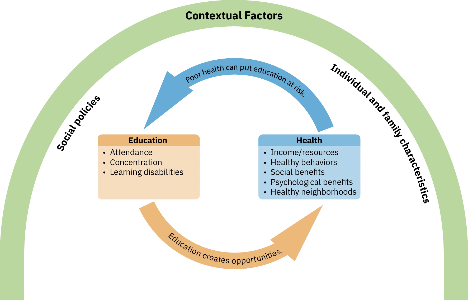 A figure illustrates how the contextual factors of social policies and individual and family characteristics affect education and health. Factors affecting education are attendance, concentration, and learning disabilities. Factors affecting health are income and resources, healthy behavior, social benefits, psychological benefits, and healthy neighborhoods. Poor health can put education at risk, and education creates more opportunities for good health.