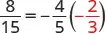 A mathematical equation showing the fraction 8/15 equals the product of -4/5 and -2/3. The numbers 2 and 3 in the second fraction are highlighted in red.