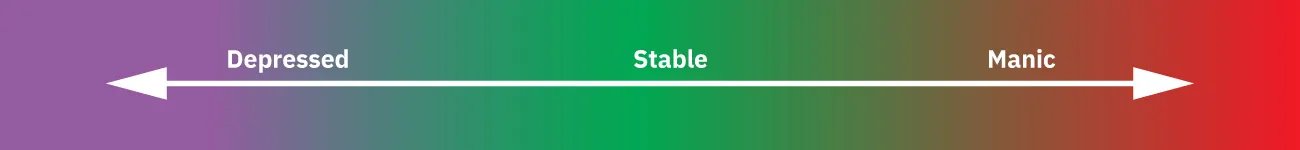 Image of Mood Spectrum, with (listed left to right) Psychotic Depression, Depression, Dysthymia, Stable, Sub-Threshold Mania, Hypomania, Mania and Psychotic Mania under colors from blues to reds (left to right).