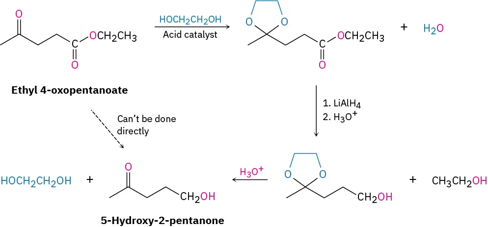 Ethyl 4-oxopentanoate reacts with glycol and acid to form acetal and water. This reacts with lithium aluminum hydride to form another product. This reacts with hydronium ion to form 5-hydroxy-2-pentanone.