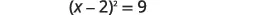 The image displays the algebraic equation (x-2)^2 = 9, centered on a white background.