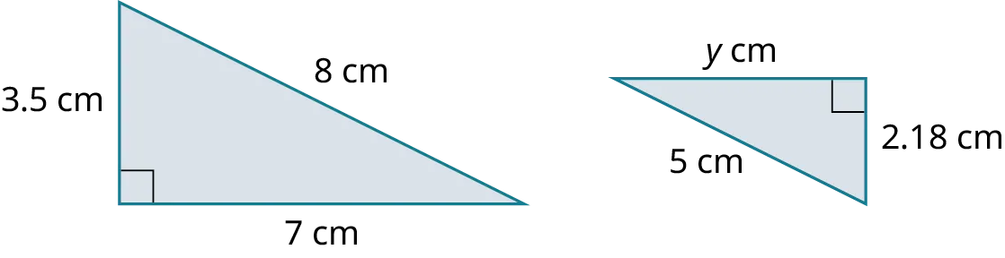 Two right triangles. In the first triangle, the legs measure 3.5 centimeters and 7 centimeters. The hypotenuse measures 8 centimeters. In the second triangle, the legs measure y centimeters and 2.18 centimeters. The hypotenuse measures 5 centimeters.