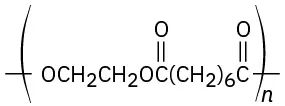 The structure shows a repeating unit of O C H 2 C H 2 O C O (C H 2) 6 C O with subscript n.