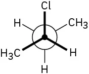 Newman projection of a 4-carbon chain with front carbon chlorine, hydrogen, and methyl substituents (clockwise). The back carbon has hydrogen, methyl, and hydrogen substituents (clockwise).