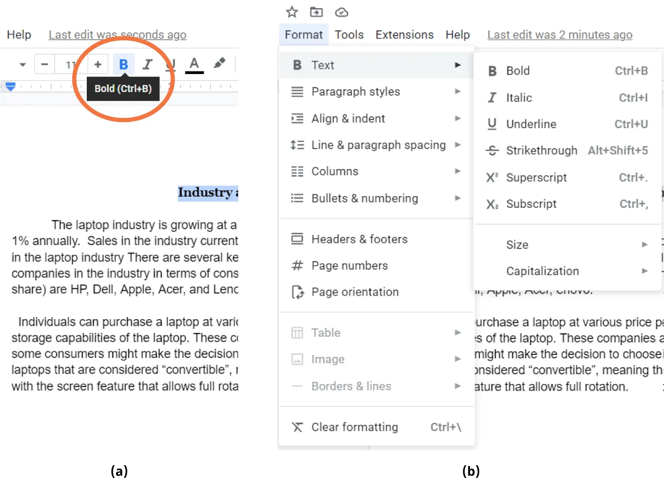 (a) The Bold button is selected on a tool bar. In the document, the word “Industry” is highlighted blue and bolded. (b) The Format tab is selected, then Text, then Bold.