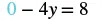 The image displays the mathematical equation 0 - 4y = 8. The '0' is rendered in a light blue color, while the rest of the equation, including the minus sign, '4y', equals sign, and '8', is in black.