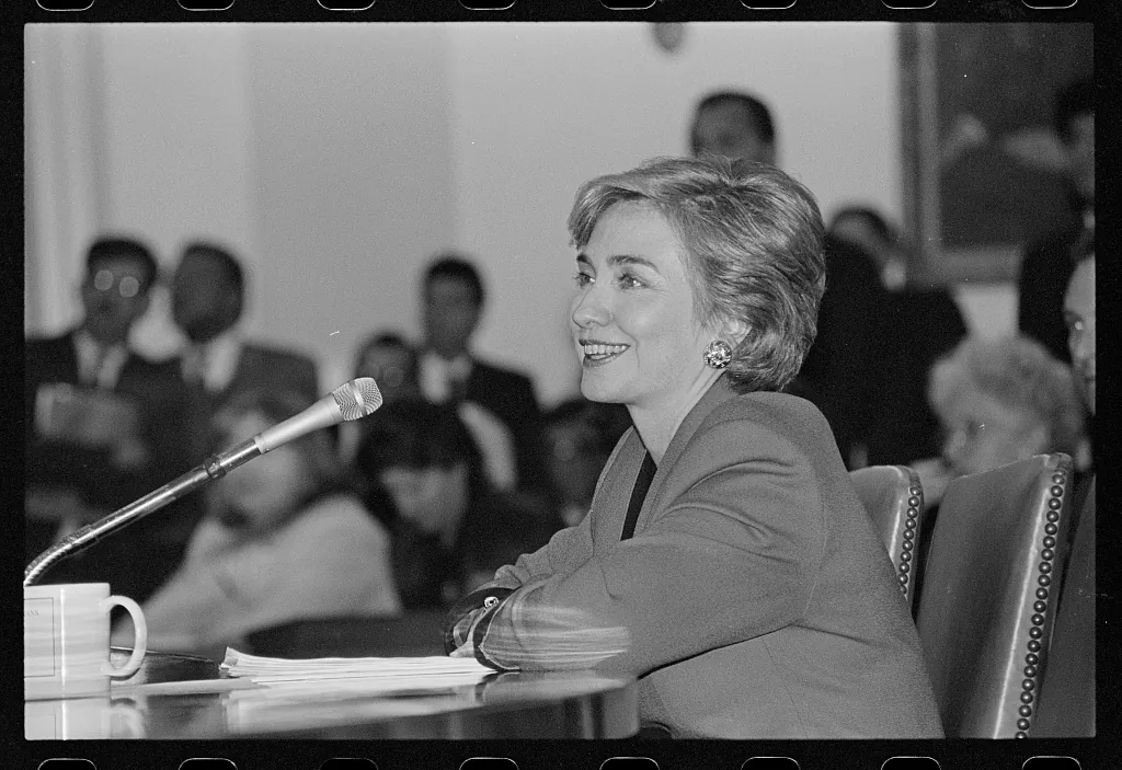 A photo of Hillary Clinton at a congressional hearing on health care reform in 1993.
