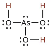 A chemical diagram illustrates the Lewis structure of arsenous acid (H3AsO3), featuring a central arsenic atom single-bonded to three oxygen atoms, each further bonded to a hydrogen atom, and lone pairs on the oxygen atoms.