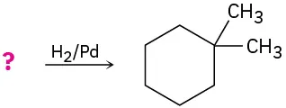 A reaction shows an unknown reactant reacting with hydrogen on palladium to form cyclohexane ring, in which C1 is bonded to two methyl groups.