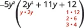 A mathematical expression -5y²(2y² + 11y + 12) illustrating steps to factor the quadratic trinomial. Red text shows factors for 2y² (y*2y) and factors for 12 (1*12, 2*6, 3*4).