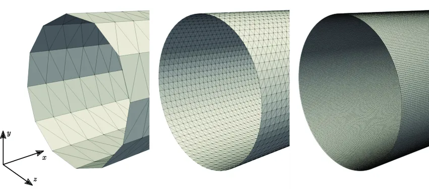 Three digital images of a cylindrical pipe. One image renders the pipe into a twelve sided cylinder with triangles that span each side. The second image has much smaller triangles and appears perfectly circular. The final image renders the triangles so small that they are perceptible only as dots, further smoothing the surface.