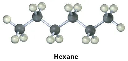 A ball and stick model of hexane where grey and black spheres represent hydrogen and carbon, respectively.