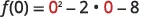 A mathematical equation shows f(0) equals 0 squared minus 2 multiplied by 0, minus 8. The '0' values in 0^2 and 2*0 are highlighted in red.