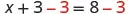 The equation x + 3 - 3 = 8 - 3, demonstrating the step of subtracting 3 from both sides to solve for the variable x, with the subtracted '3's highlighted in red.