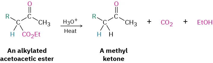 On heating, an alkylated acetoacetic ester reacts with acid to yield a methyl ketone, C O 2 and ethanol.