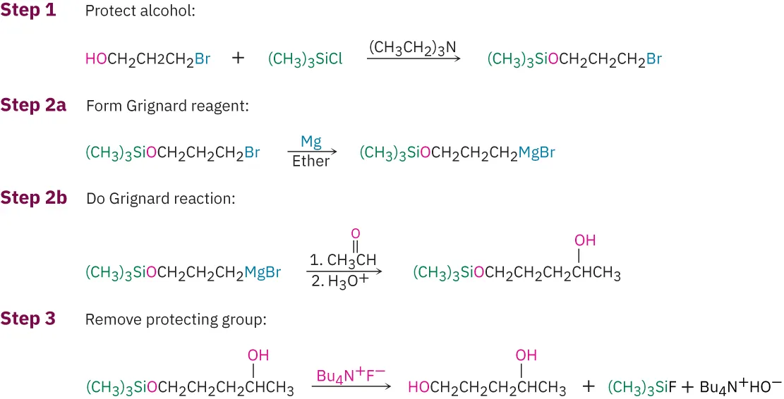 Different steps are involved in using a protecting group in Grignard reaction. The steps include protecting alcohol, forming Grignard reagent, performing Grignard reaction, and removing protecting group.