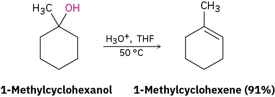 1-methylcyclohexanol reacts with hydronium ion, tetrahydrofuran at 50 degree celsius to form 1-methylcyclohexene with 91 percent yield.