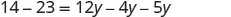 A mathematical equation is displayed on a white background: 14 - 23 = 12y - 4y - 5y.