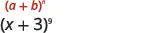 The image displays two binomial expressions: the general form (a+b)^n in red, and a specific example (x+3)^9 in black, illustrating the concept of binomial expansion.